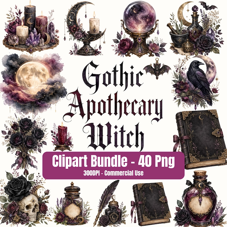 Gothic Apothecary Witch Clipart Bundle, Potion Bottles, Dark Botanical PNG, Mystical Stationery with 40 PNG files featuring potion bottles, spell books, candles, crystals, dark botanicals, moon magic, black florals, ravens, and mystical stationery elements.
gothic clipart, witch clipart, apothecary png, potion bottle png, dark botanical, mystical png, spell book png, witchy stationery, gothic journal, moon magic png, crystal clipart, gothic floral png, digital download