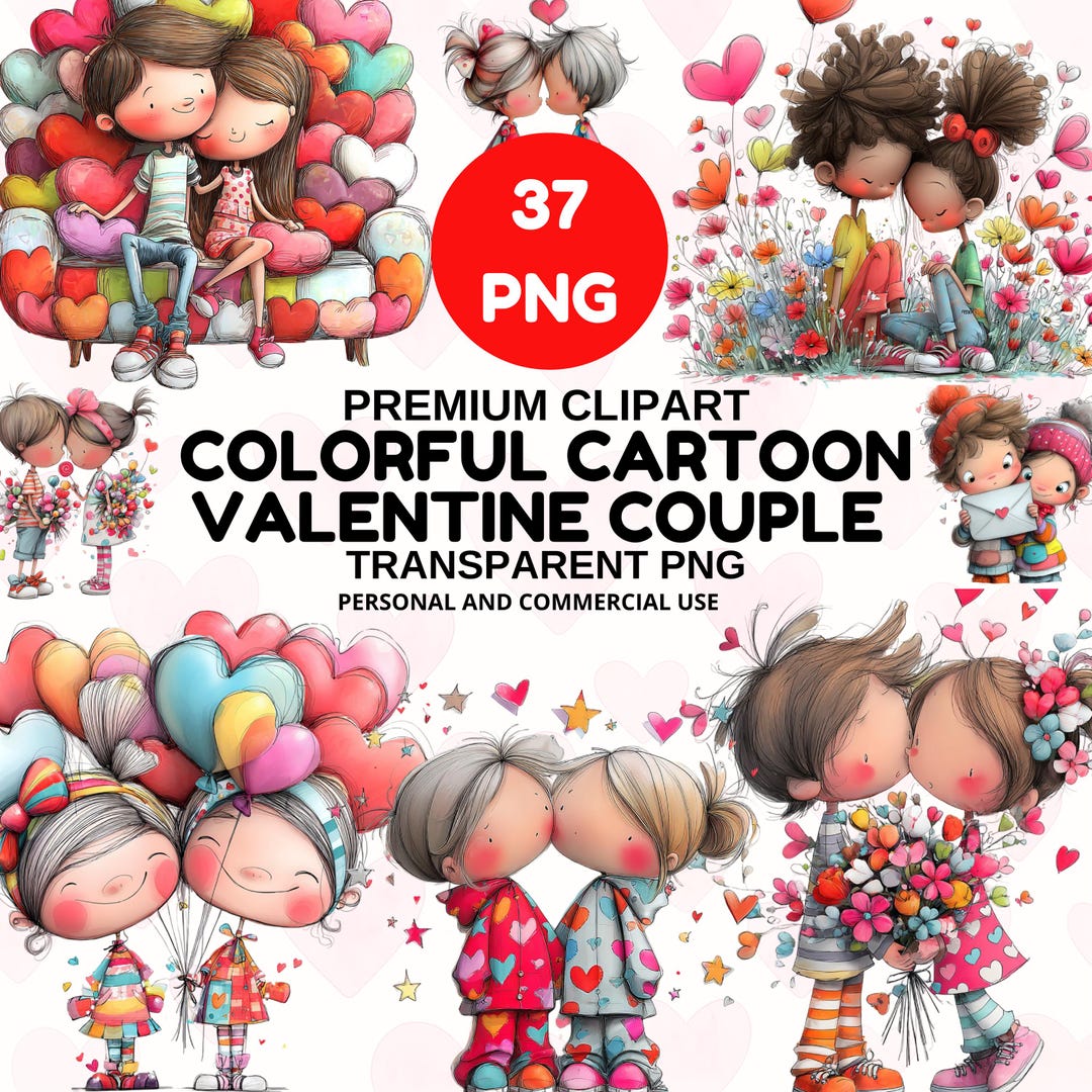Colorful Cartoon Couple Valentine Artwork, Vivid Watercolor Couple ...