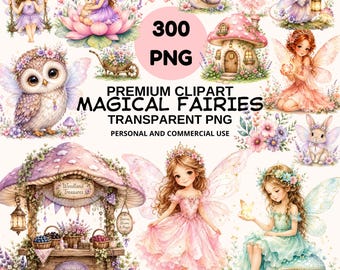 Magical Garden Fairies Clipart, Nature Woodland Fairies Forest Illustration, 300 Watercolor Fairy Transparent PNG