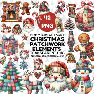 May include: A collection of Christmas-themed patchwork elements, including Santa Claus, a snowman, a Christmas tree, and various ornaments. The image includes the text "42 PNG" and "Christmas Patchwork Elements". The designs feature a mix of red, green, and blue colors.