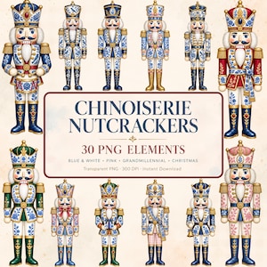 Puede incluir: Una colección de doce figuras de cascanueces ilustradas con patrones florales en azul, blanco, rojo, verde y rosa. El texto central dice CHINOISERIE NUTCRACKERS 30 PNG ELEMENTS BLUE & WHITE PINK GRANDMILLENNIAL CHRISTMAS Transparent PNG 300 DPI Instant Download.