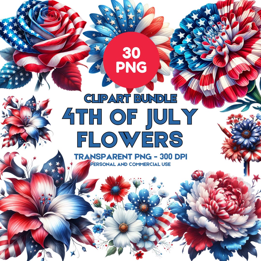 4th of July Flower Clipart Bundle | 30 PNG Watercolor Americana Floral ...