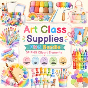 Konstklassmaterial PNG-paket, 39 pensel- och markörfärger med kritor och hantverksklipp (digital nedladdning)