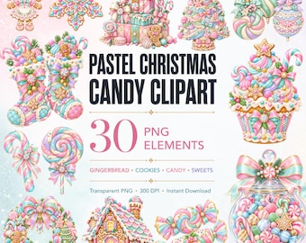 May include: A collection of pastel Christmas candy clipart featuring gingerbread figures, snowflakes, gift boxes, a decorated tree, ornaments, stockings, candy canes, lollipops, a wreath, a gingerbread house, and a candy jar with text.