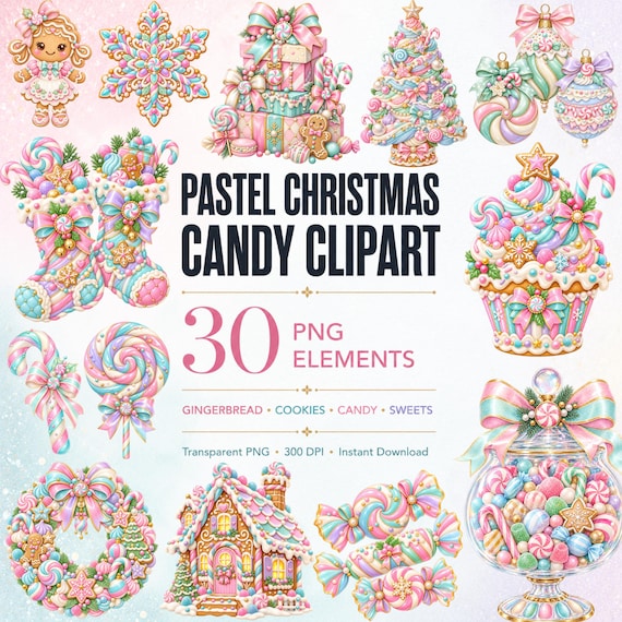 Pastel Christmas Candy Clipart Bundle, Candyland Sweets PNG, Gingerbread Cookies & Candy Cane Graphics (Digital Download)
