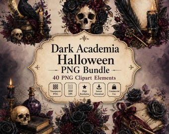 Dark Academia Halloween Clipart Bundle, Gothic Bookish PNG, Haunted Library (Digital Download)