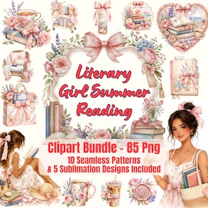 Puede incluir: Un paquete de imágenes prediseñadas digitales con 85 archivos PNG con el tema Literary Girl Summer Reading. Los elementos incluyen libros adornados con flores, tazas de té, una chica leyendo, un sombrero de paja y un bolso, decorados con lazos.