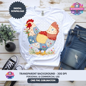 May include: White t-shirt featuring a colorful patchwork chicken design. The chicken has red, blue, and yellow patches, holding flowers. The shirt includes the text "DIGITAL DOWNLOAD" and "TRANSPARENT BACKGROUND - 300 DPI".