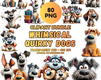 May include: A vibrant collection of cartoon dog illustrations in diverse poses and colours. The image features the text "CLIPART BUNDLE WHIMSICAL QUIRKY DOGS" and "80 PNG". The illustrations are transparent PNG files at 300 DPI, for personal and commercial use.