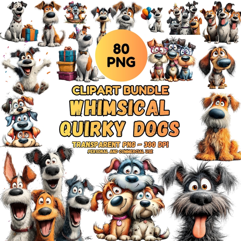 80 Whimsical Quirky Dogs Clipart Bundle | Funny Cartoon Puppy ...