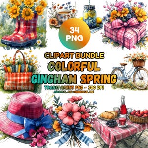 Könnte beinhalten: Ein Aquarell-Clipart-Bundle mit farbenfrohen Frühlingsillustrationen. Die Bilder zeigen einen rot-weiß karierten Gummistiefel mit Sonnenblumen, eine Geschenkbox mit einer karierten Schleife und ein Fahrrad mit einem Blumenkorb. Der Text lautet "CLIPART BUNDLE COLORFUL GINGHAM SPRING".
