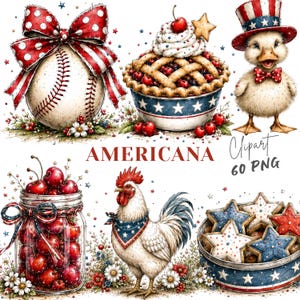 Americana 4th of July Clipart Bundle, Patriotic Farmhouse PNG, Hand Drawn USA Graphics