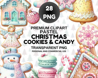 May include: A collection of pastel-colored Christmas cookies and candies, including gingerbread houses, a snowman, a star, and a bell. The image includes the text "PREMIUM CLIPART PASTEL CHRISTMAS COOKIES & CANDY".