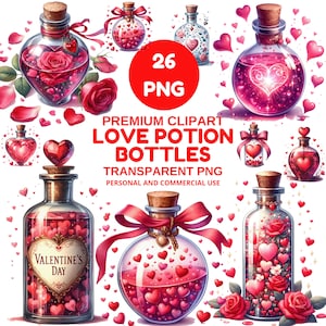 May include: A collection of digital clipart images featuring various love potion bottles. The bottles are filled with pink liquid and decorated with hearts, roses, and ribbons. The image includes the text "LOVE POTION BOTTLES".