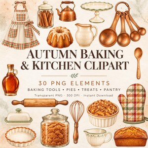Puede incluir: Una colección de ilustraciones digitales con artículos de repostería y cocina de otoño, que incluye un delantal a cuadros, una tetera de cobre, cucharas medidoras, un rodillo, un batidor, frascos de vidrio con canela y azúcar morena.
