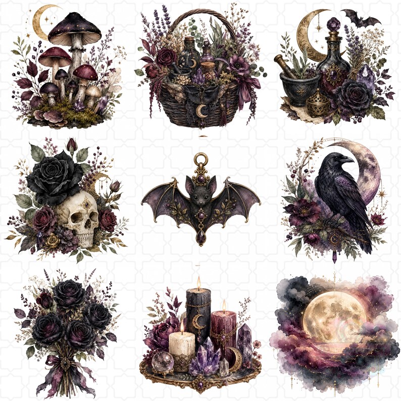 Gothic Apothecary Witch Clipart Bundle, Potion Bottles, Dark Botanical PNG, Mystical Stationery with 40 PNG files featuring potion bottles, spell books, candles, crystals, dark botanicals, moon magic, black florals, ravens, and mystical stationery elements.
gothic clipart, witch clipart, apothecary png, potion bottle png, dark botanical, mystical png, spell book png, witchy stationery, gothic journal, moon magic png, crystal clipart, gothic floral png, digital download