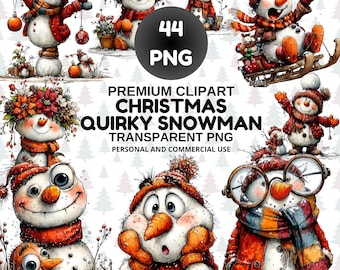 Op de afbeelding: Een verzameling eigenzinnige sneeuwman clipart afbeeldingen. Elke sneeuwman is uniek ontworpen met levendige kleuren, met hoeden, sjaals en jassen. De afbeelding bevat de tekst "PREMIUM CLIPART CHRISTMAS QUIRKY SNOWMAN TRANSPARENT PNG".