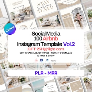 Puede incluir: Un conjunto de plantillas de redes sociales para Airbnb, con el texto "Social Media 100 Airbnb Instagram Template Vol.2". Las plantillas incluyen iconos destacados y están diseñadas para una fácil edición en Canva. La imagen también incluye el texto "EDIT IN CANVA | EASY TO USE | INSTANT DOWNLOAD IG POST & STORY".