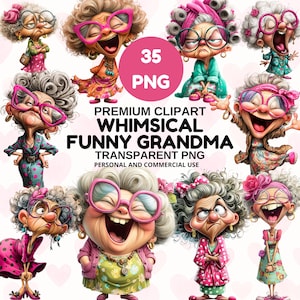 May include: A collection of whimsical illustrations of cartoon grandmas. The grandmas are depicted with exaggerated features, wearing glasses, and dressed in various outfits. The image includes the text "35 PNG" and "Premium Clipart Whimsical Funny Grandma".
