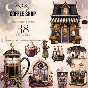 Può includere: Un pacchetto di clipart digitali intitolato Witchy Coffee Shop con 38 elementi tra cui una vetrina scura, una caffettiera a stantuffo, un carretto del caffè, una macchina espresso, una strega, una tazza, una finestra e dispenser di sapone.