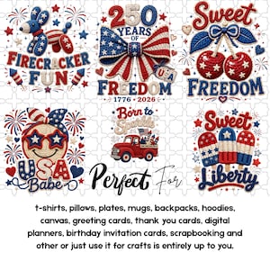 Patriotic Faux Crochet PNG Bundle, 4th of July Sublimation Designs, USA Summer Clipart, 300DPI (Digital Download).
Patriotic faux crochet clipart bundle featuring 16 red, white, and blue PNG designs including popsicles, bows, sunglasses, eagle, dog, flowers, cherries, and USA-themed summer graphics.
patriotic png, faux crochet png, 4th july bundle, usa sublimation, crochet usa png, patriotic shirt png, usa babe png, sweet liberty png, freedom bow png, paws and stripes, summer usa design