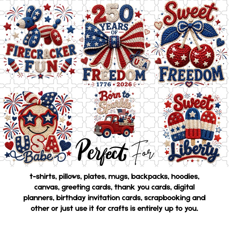 Patriotic Faux Crochet PNG Bundle, 4th of July Sublimation Designs, USA Summer Clipart, 300DPI (Digital Download).
Patriotic faux crochet clipart bundle featuring 16 red, white, and blue PNG designs including popsicles, bows, sunglasses, eagle, dog, flowers, cherries, and USA-themed summer graphics.
patriotic png, faux crochet png, 4th july bundle, usa sublimation, crochet usa png, patriotic shirt png, usa babe png, sweet liberty png, freedom bow png, paws and stripes, summer usa design