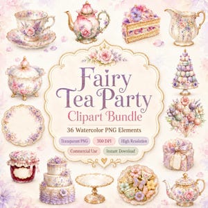 Puede incluir: Una colección de imágenes digitales titulada Fairy Tea Party Clipart Bundle que incluye 36 elementos en acuarela, como una taza de té floral, tetera, pastel de varios pisos, torre de macarons, azucarero, soporte para pasteles y galletas.