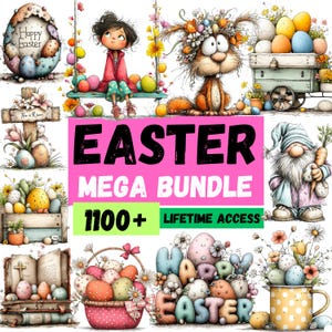 May include: A colorful Easter-themed digital art bundle with various illustrations. The image features Easter eggs, a bunny, a girl on a swing, and the text "EASTER MEGA BUNDLE 1100+ LIFETIME ACCESS". The artwork has a watercolor style.