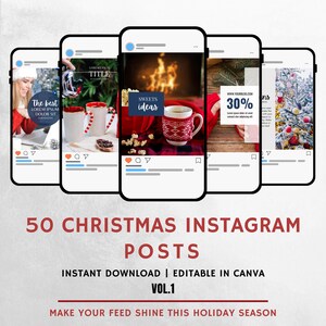 Puede incluir: Cinco maquetas de teléfonos inteligentes que muestran publicaciones de Instagram con temática navideña. Las publicaciones presentan imágenes festivas, incluyendo tazas, una chimenea y decoraciones. El texto en la imagen dice "50 CHRISTMAS INSTAGRAM POSTS" y "MAKE YOUR FEED SHINE THIS HOLIDAY SEASON."