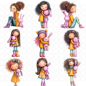 34 Quirky Girl With Bunny Clipart | Plush Rabbit Characters | Nursery ...