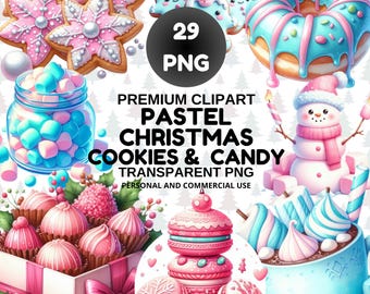 May include: A collection of pastel-colored Christmas cookies and candies, including snowflake cookies, donuts, and a snowman. The image includes a jar of marshmallows and a box of pink treats. Text reads "PASTEL CHRISTMAS COOKIES & CANDY".