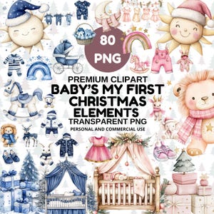 My First Christmas Elements Clipart 80 Transparent PNG | Baby’s 1st XMAS Blue & Pink