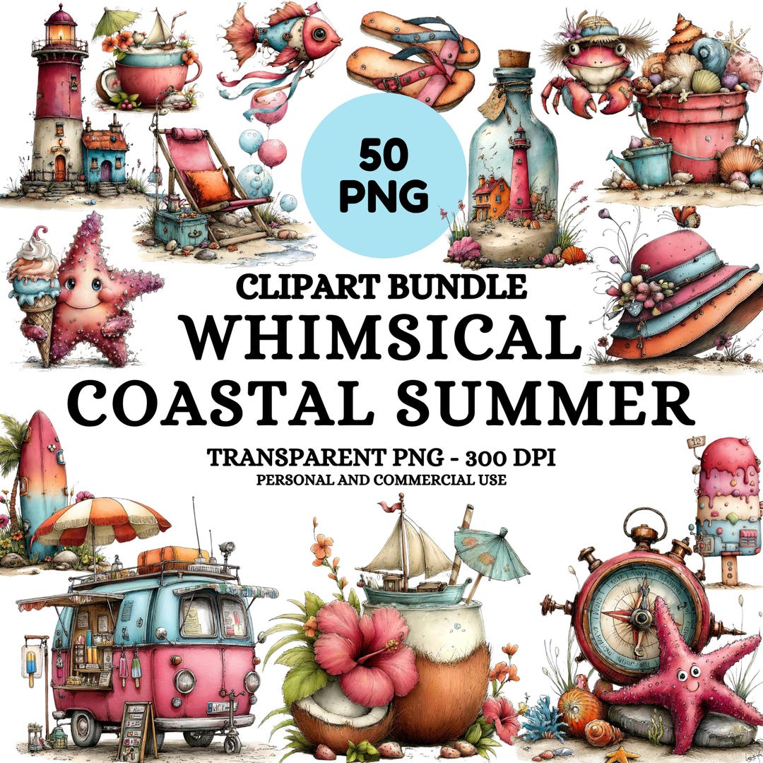 Whimsical Coastal Summer Clipart Bundle | 50 PNG Pastel Beach Graphics ...