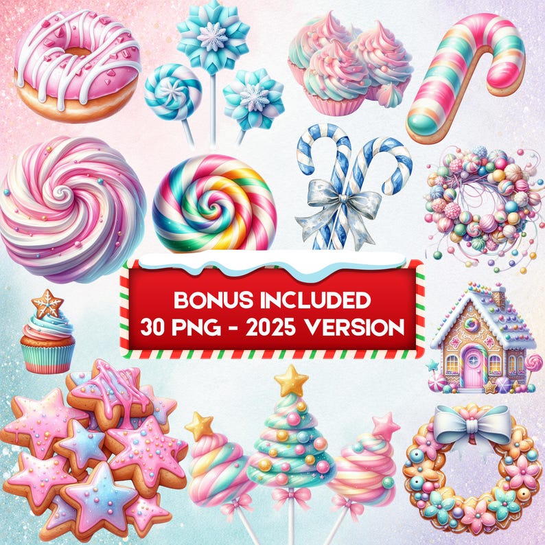 Pastel Christmas Candy Clipart Bundle, Candyland Sweets PNG, Gingerbread Cookies & Candy Cane Graphics Featuring gingerbread, Christmas cookies, candy canes, peppermint sweets, cupcakes, candy trees, stockings, wreaths, bows and gingerbread houses
candyland christmas, pastel christmas, christmas candy png, sweet treats png, christmas clipart, gingerbread clipart, christmas cookies, candy cane clipart, pink christmas png, pastel holiday png, candyland clipart, holiday sweets png