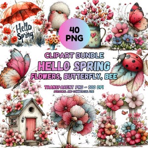 Op de afbeelding: Een digitale clipartbundel met lentethema-illustraties. De afbeelding bevat bloemen, vlinders en bijen, met de tekst "Hello Spring". De bundel bevat 40 PNG-bestanden, geschikt voor persoonlijk en commercieel gebruik.