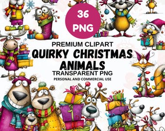 Skurrile Weihnachtstier-Cliparts, lustige Tiergrafiken für die Feiertage, festliches transparentes PNG-Set