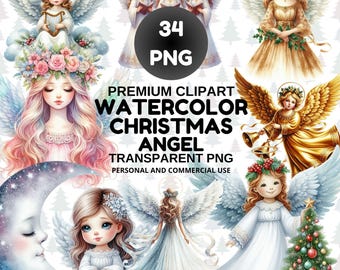 Watercolor Christmas Angel Clipart Bundle, Elegant Holiday PNG for Crafts, Cards & Sublimation (Digital Download)