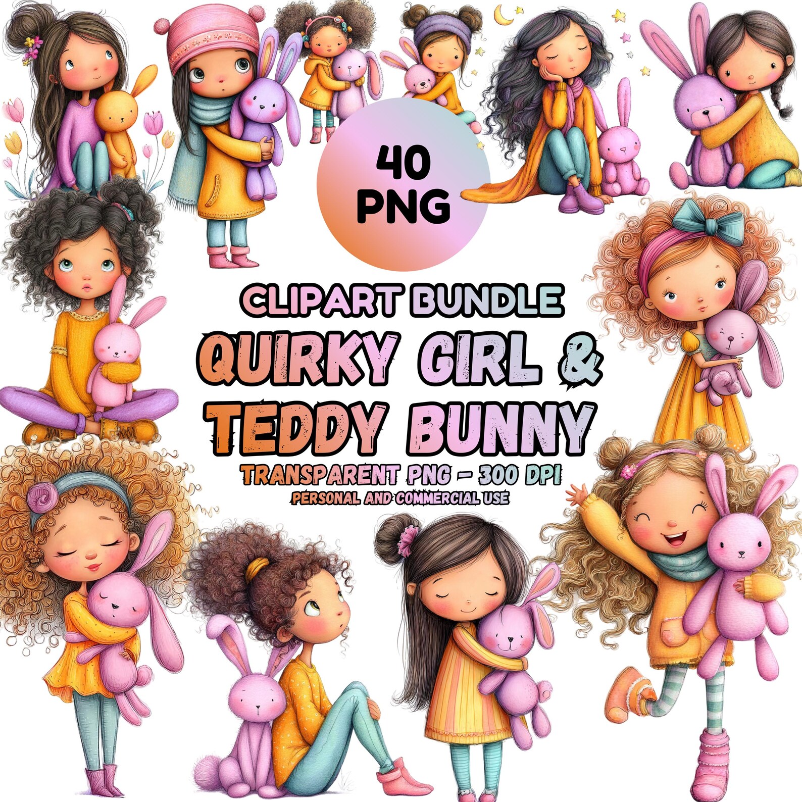 34 Quirky Girl With Bunny Clipart | Plush Rabbit Characters | Nursery ...