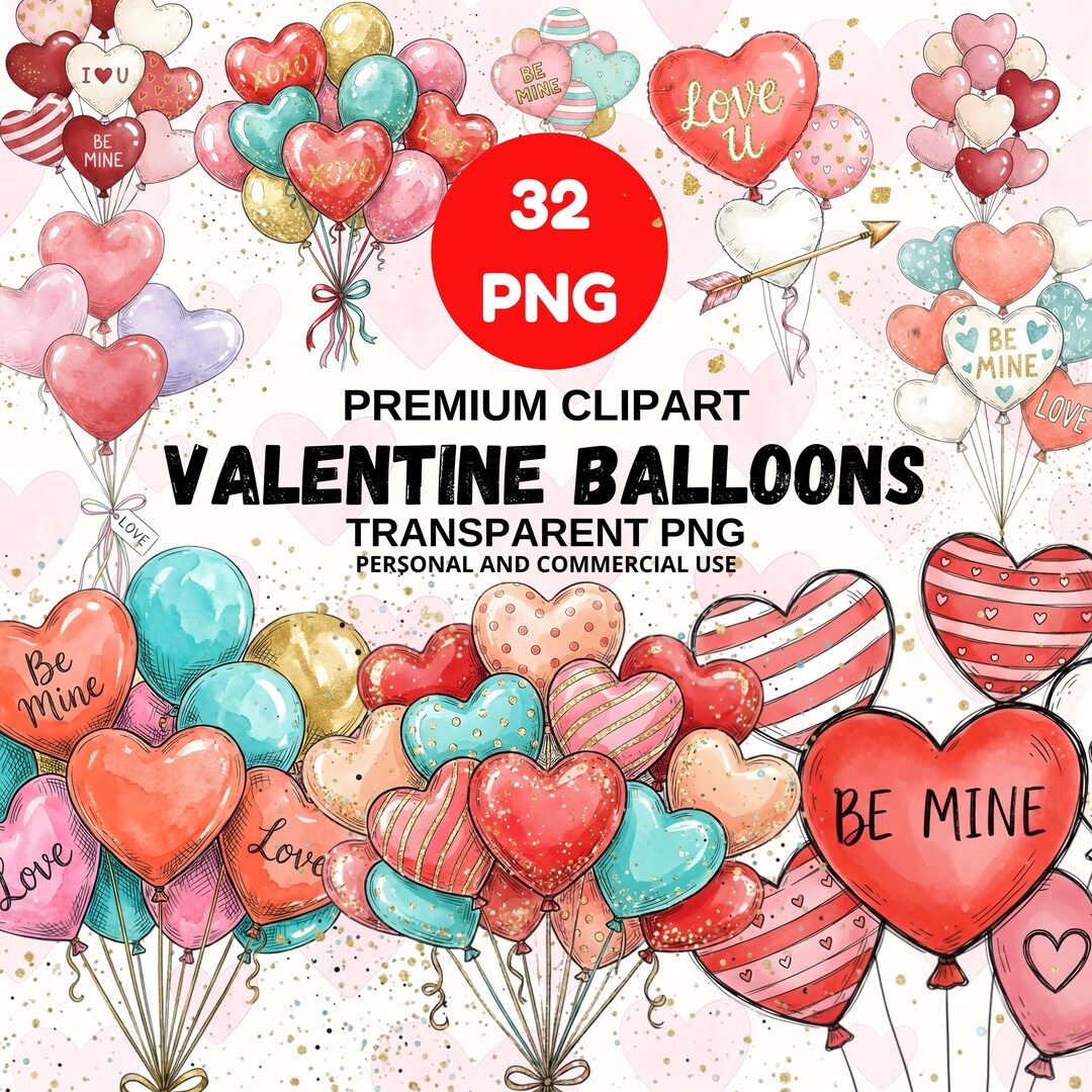 Watercolor Heart Balloons Clipart | Pastel Valentine PNG Set - Etsy