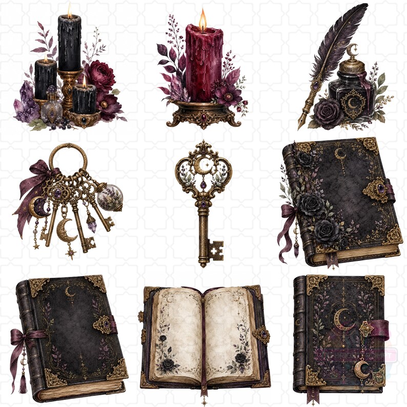 Gothic Apothecary Witch Clipart Bundle, Potion Bottles, Dark Botanical PNG, Mystical Stationery with 40 PNG files featuring potion bottles, spell books, candles, crystals, dark botanicals, moon magic, black florals, ravens, and mystical stationery elements.
gothic clipart, witch clipart, apothecary png, potion bottle png, dark botanical, mystical png, spell book png, witchy stationery, gothic journal, moon magic png, crystal clipart, gothic floral png, digital download