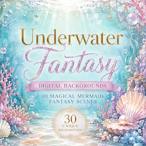 Op de afbeelding: Een digitale achtergrondcollectie getiteld Underwater Fantasy met 30 magische zeemeermin-fantasiescènes. De afbeelding toont een zeebodem in aquarel-stijl met roze koraal, schelpen, parels en bubbels in blauwe en paarse tinten.