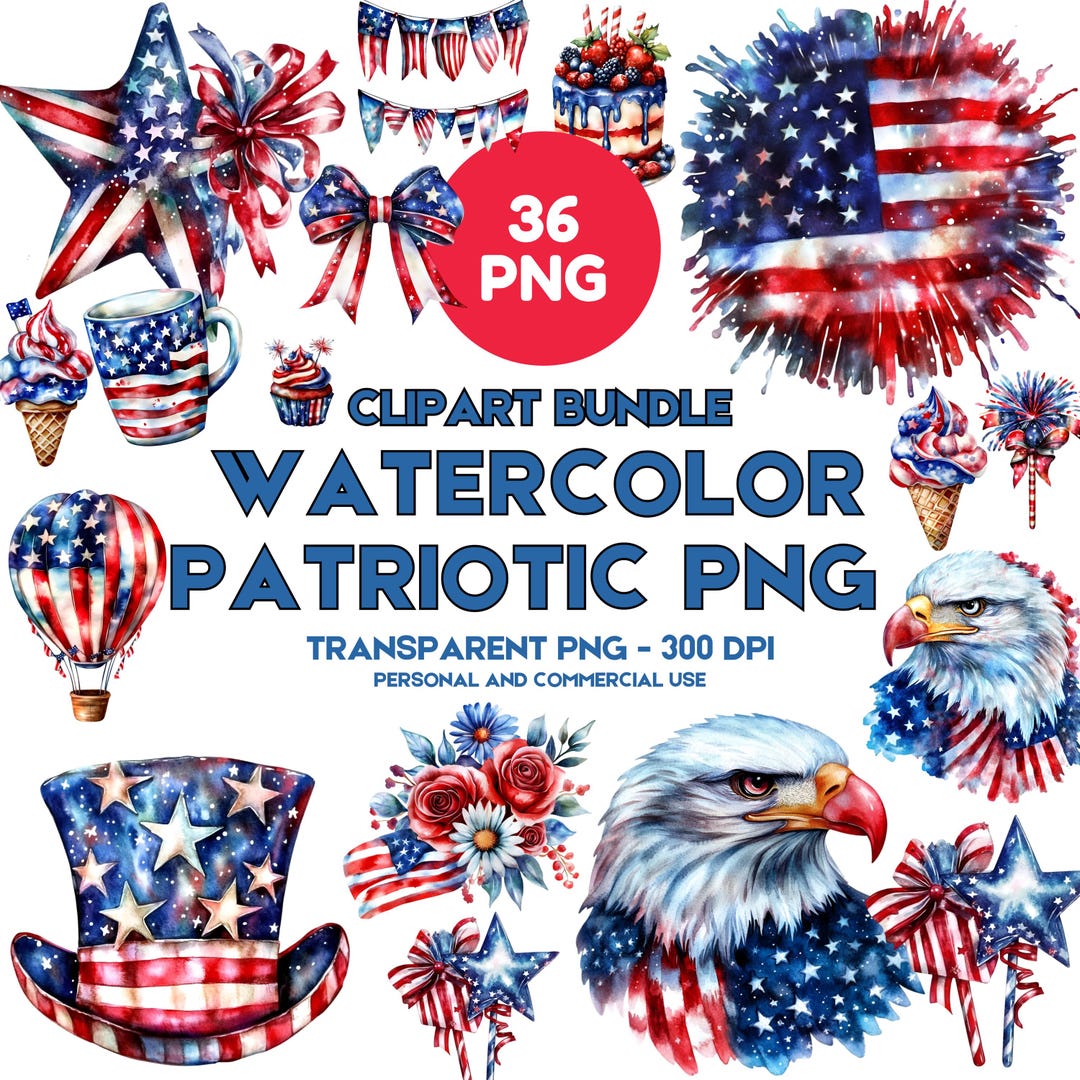 36 Watercolor Patriotic PNG Bundle | 4th of July Clipart Elements | USA ...