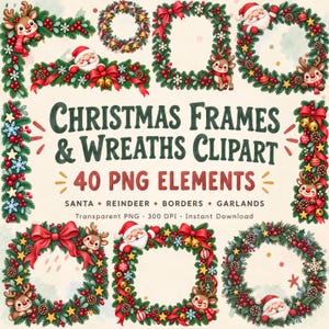 Peut inclure: Une collection numérique de cliparts de cadres et couronnes de Noël comprenant 40 éléments PNG. L'ensemble inclut des illustrations du Père Noël, de rennes, de guirlandes de sapin, de nœuds rouges, de cloches dorées, de pommes de pin et d'étoiles.
