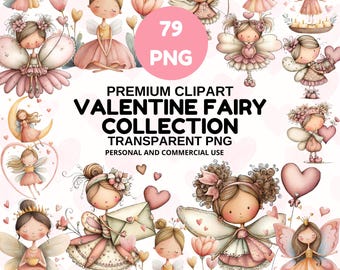 Könnte beinhalten: Eine Sammlung von Aquarell-Feen-Clipart in Rosa-, Pfirsich- und Goldtönen. Die Feen haben zarte Flügel und sind von Herzen und Blumen umgeben. Der Text lautet "Premium Clipart Valentine Fairy Collection".
