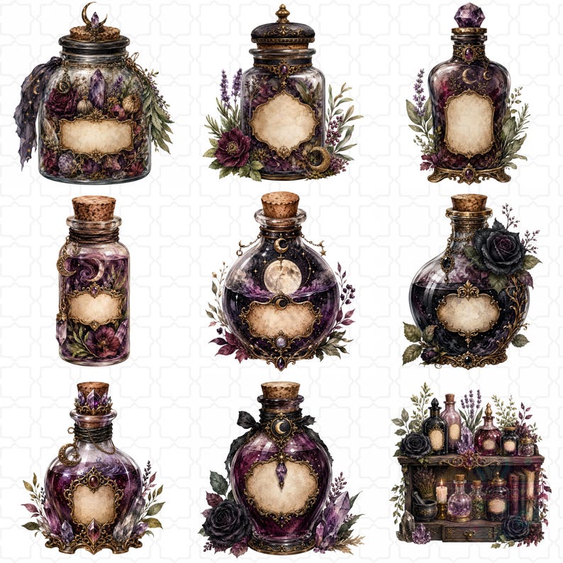 Gothic Apothecary Witch Clipart Bundle, Potion Bottles, Dark Botanical PNG, Mystical Stationery with 40 PNG files featuring potion bottles, spell books, candles, crystals, dark botanicals, moon magic, black florals, ravens, and mystical stationery elements.
gothic clipart, witch clipart, apothecary png, potion bottle png, dark botanical, mystical png, spell book png, witchy stationery, gothic journal, moon magic png, crystal clipart, gothic floral png, digital download