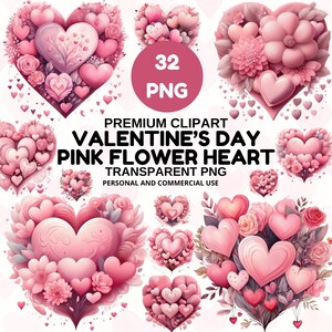 Peut inclure: Plusieurs motifs roses en forme de cœur avec des éléments floraux et des cœurs. Le texte "32 PNG" et "VALENTINE'S DAY PINK FLOWER HEART" sont inclus. Pour usage personnel et commercial.