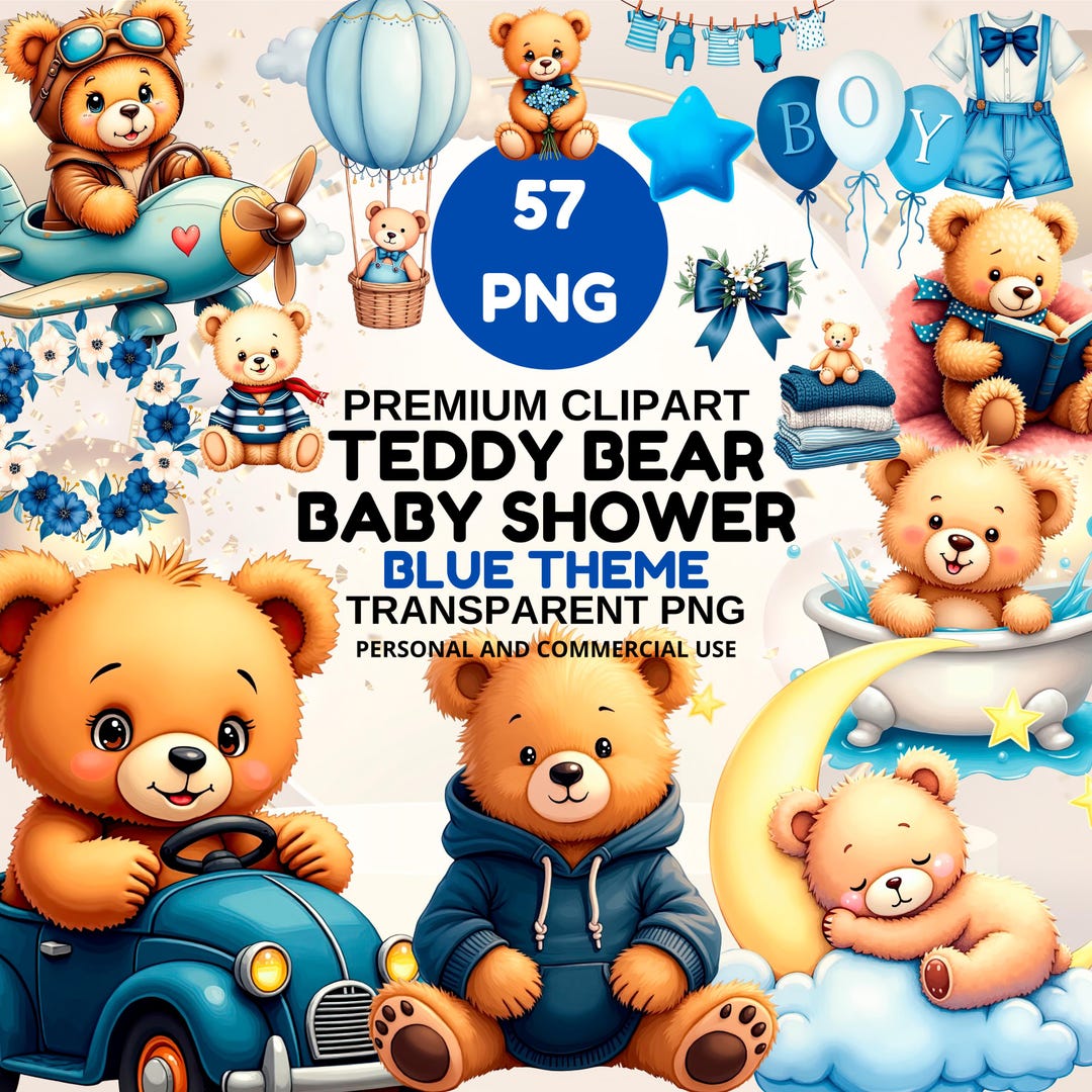 Blue Teddy Bear Baby Shower Nursery Clipart for Boy Transparent PNG - Etsy