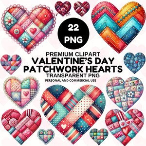 Può includere: Una collezione di 22 cuori patchwork PNG in vari colori e motivi, perfetti per San Valentino. I cuori presentano una varietà di trame e design, tra cui floreali, a pois e dettagli cuciti. L'immagine include il testo "PREMIUM CLIPART VALENTINE'S DAY PATCHWORK HEARTS".