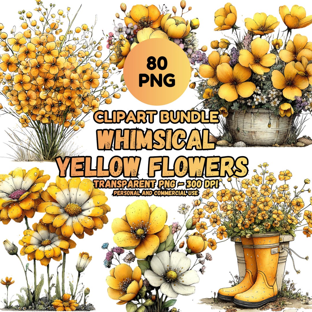 Whimsy Yellow Design 80 Whimsical Yellow Flowers Clipart Bundle | Spring Wildflowers, Daisy ...
