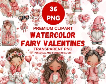 Könnte beinhalten: Eine Sammlung von 36 PNG-Aquarell-Cliparts mit Feen, Herzen, Blumen und anderen Elementen zum Valentinstag. Der Text lautet "Premium Clipart Watercolor Fairy Valentines Transparent PNG Personal and Commercial Use."
